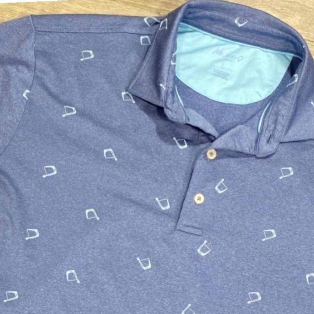 Johnnie-O Polo Shirt Mens Large Blue Golf Cocktail Print Performance Stretch